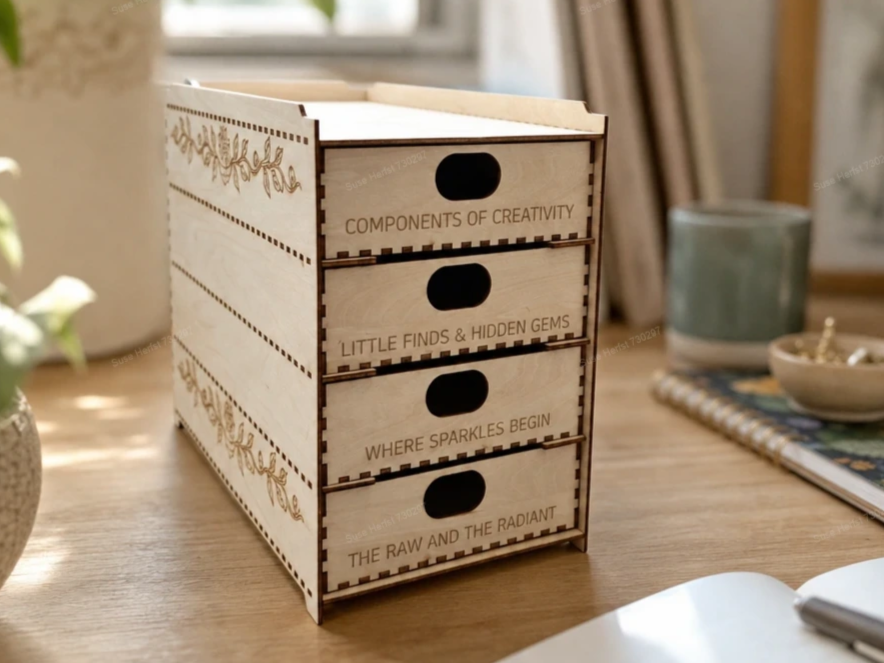 Stapelbare Schubladenbox aus Holz zur Aufbewahrung von Bastelmaterial und Kleinteilen