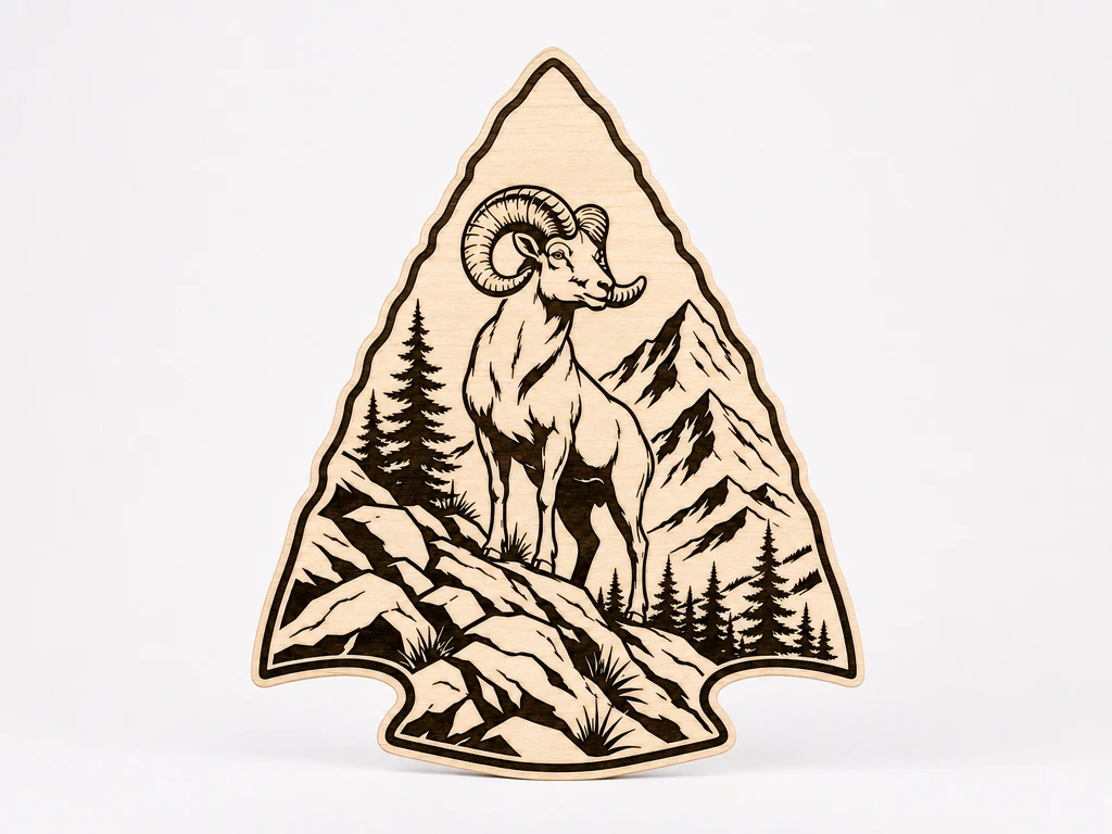 Majestic Mountain Ram SVG XCS | Bighorn Sheep Arrowhead Laser Cut Wall Art | Rustic Wooden Cabin Decor Digital Download