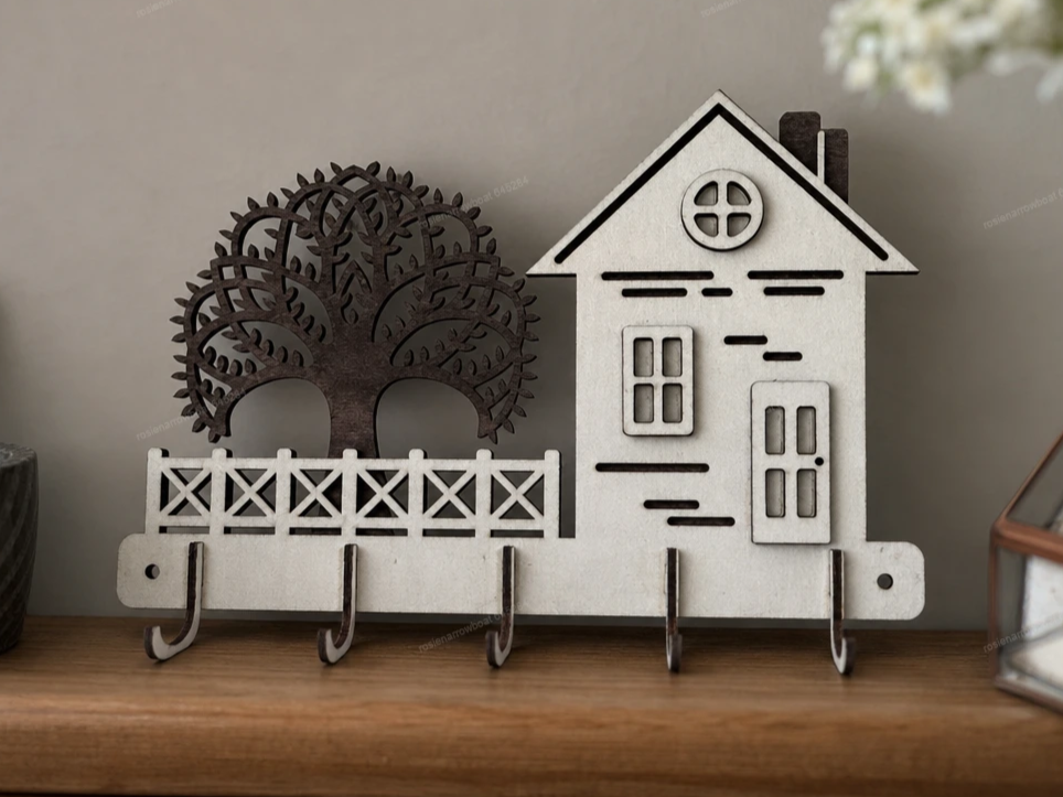 A layered wooden key holder shaped as a house beside a tree, with four hooks