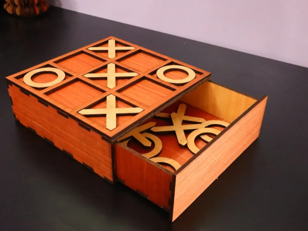 Wooden Tic Tac Toe Game Board with Storage Drawer