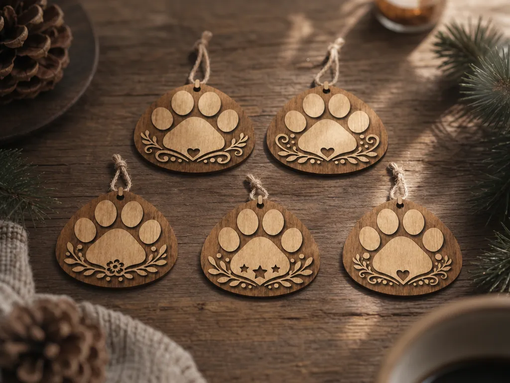 Wooden Paw Print Christmas Ornaments with Floral Accents