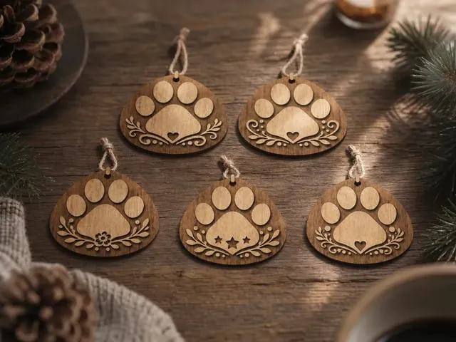 Wooden Paw Print Christmas Ornaments with Floral Accents