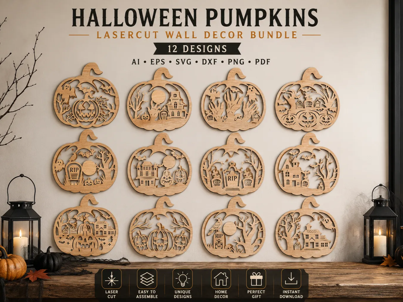 Halloween Pumpkin Wall Decor Bundle SVG | 12 Laser Cut Pumpkin Designs | Wooden Halloween Wall Art