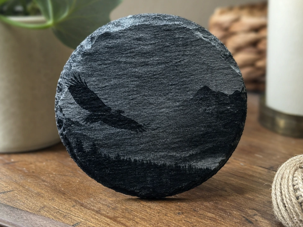 Round Slate Coaster Featuring an Eagle and Mountain Landscape