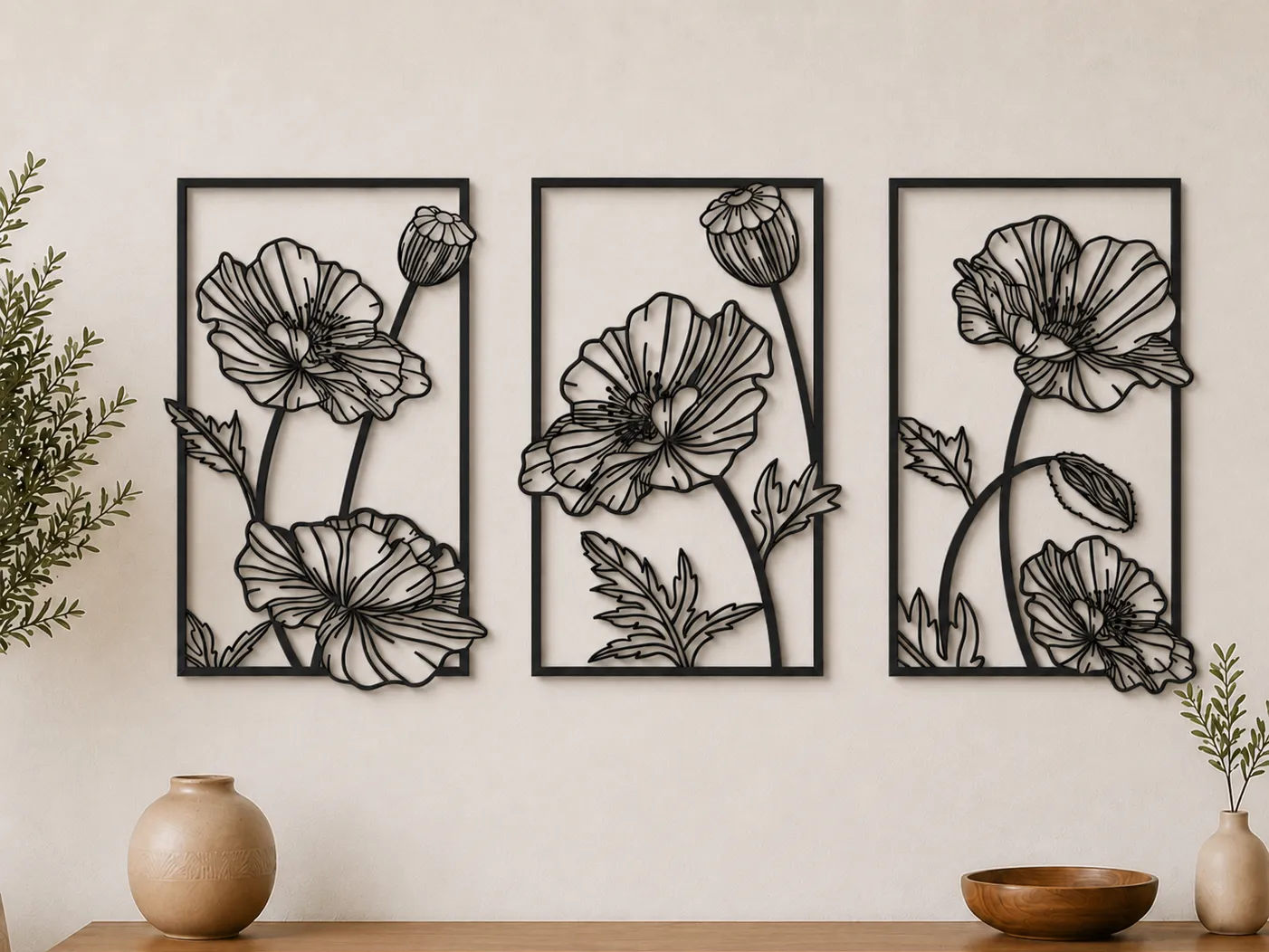 Poppy Flower Wall Art SVG Set | Floral Laser Cut Panels | Botanical Metal Art Design | Set of 3