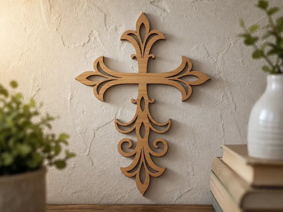 Ornate Fleur-de-lis Wooden Wall Cross