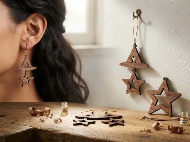 Wooden Witch Hat and Star Dangle Earrings and Hanging Ornament