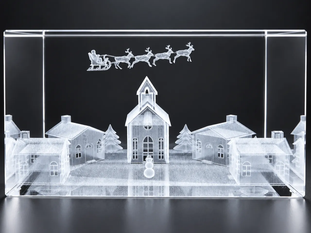 [Laser cut and engrave] Crystal Block with 3D Christmas Village and Santa Sleigh Scene