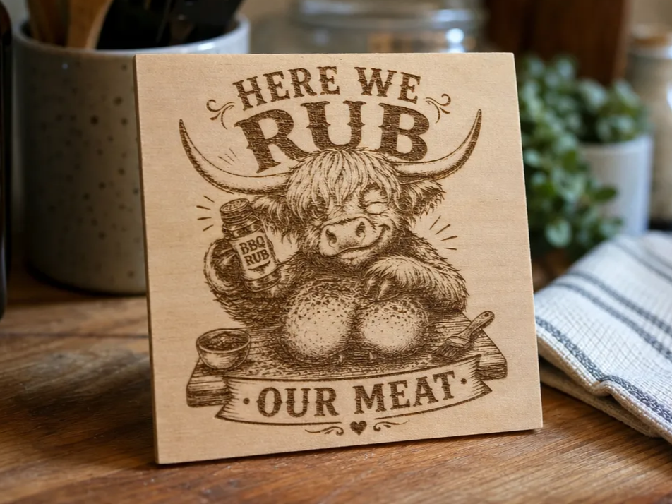 Here We Rub Our Meat Highland Cow Kitchen Sign