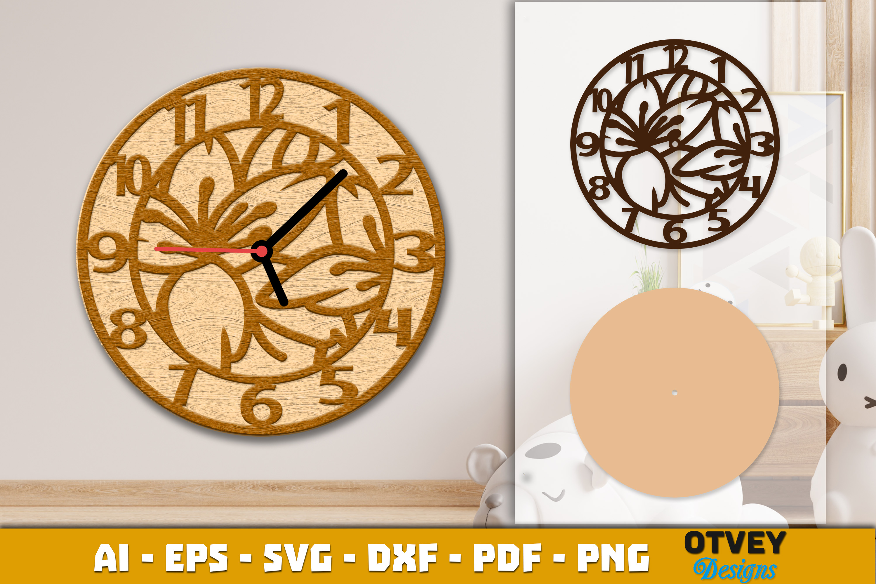 [Laser cut and engrave] Wooden Flower Wall Clock Lasercut 10 Designs