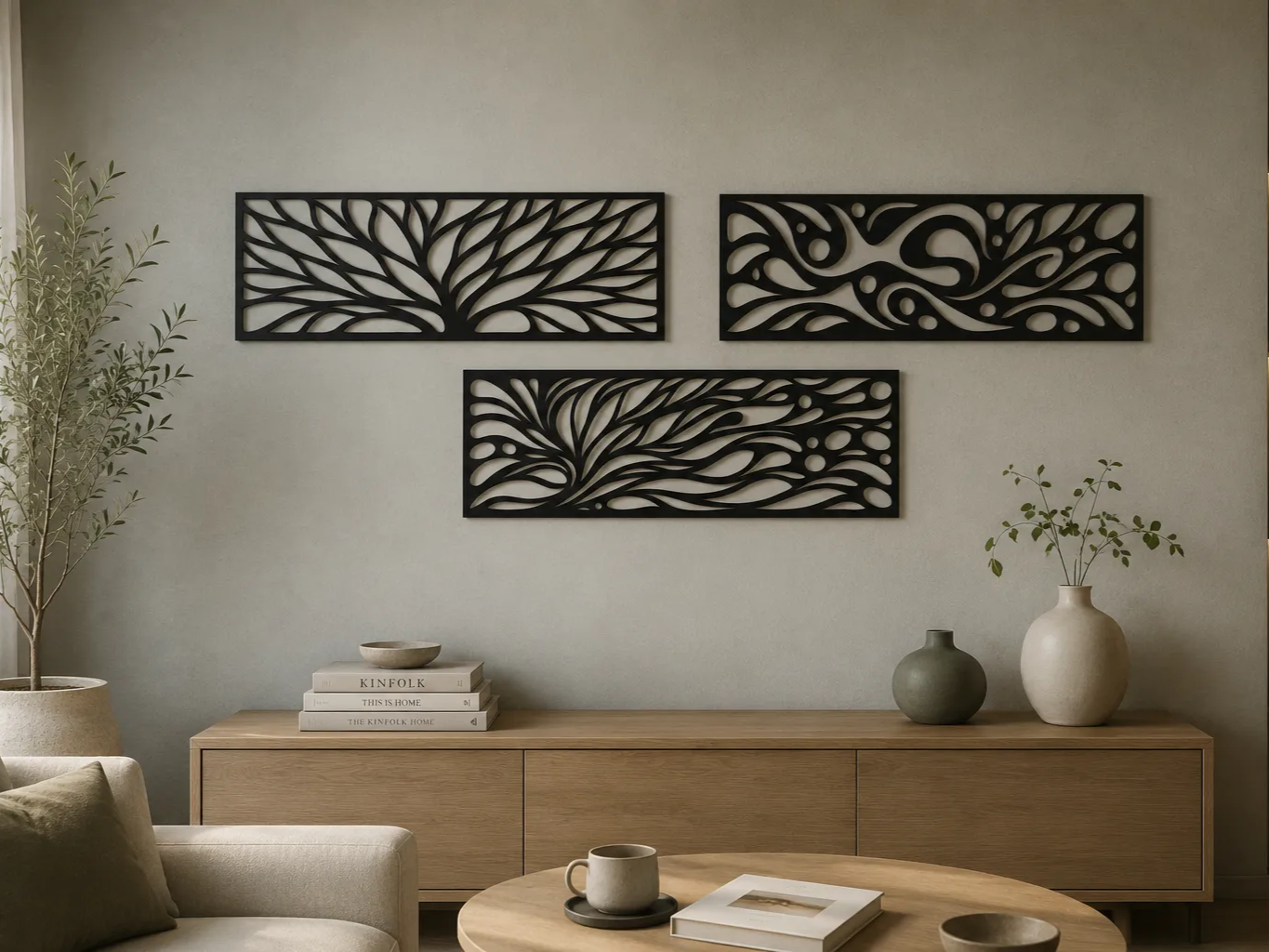 Set of Three Abstract Rectangular Wall Art Panels with Organic Flowing Patterns