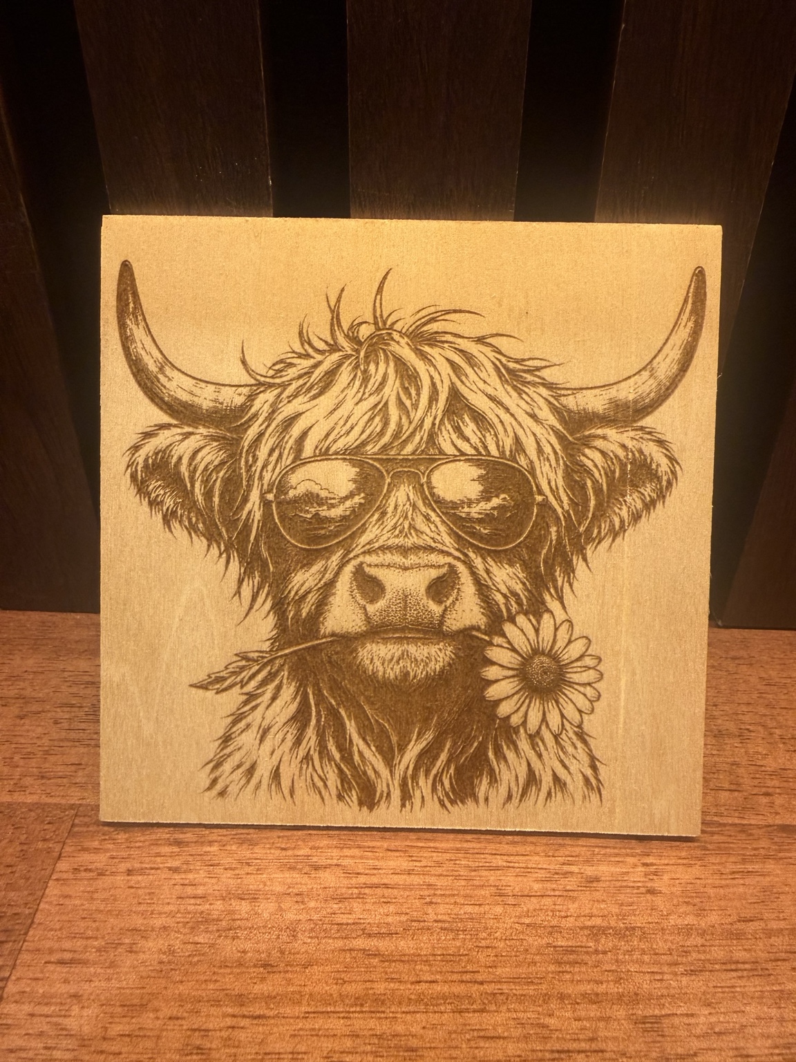 [Laser cut and engrave] Highland Cow Wearing Sunglasses with a Daisy in Mouth Wooden Wall Art