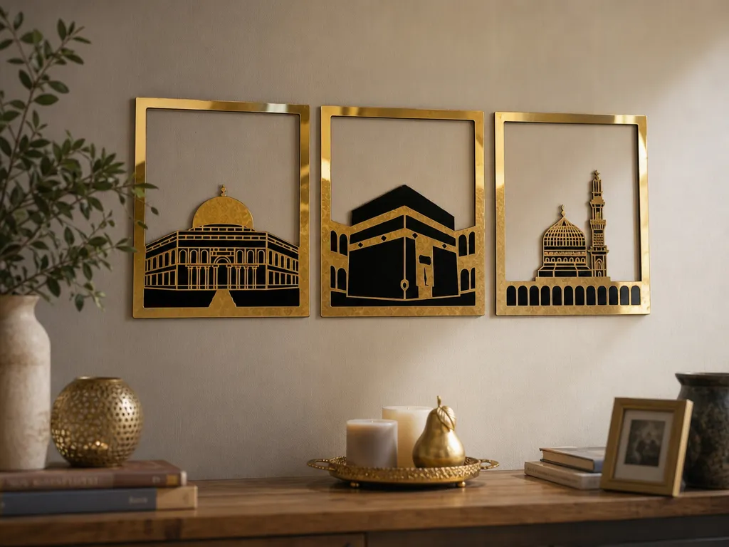 Triptyque mural doré représentant les lieux saints de l'Islam