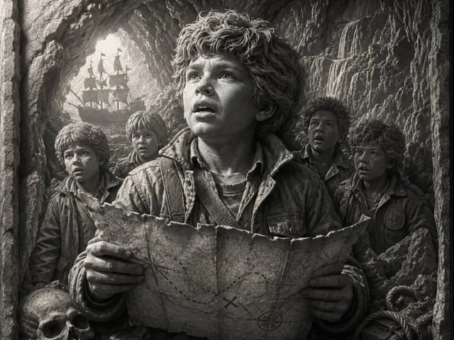 Tableau en relief représentant des enfants explorateurs avec une carte au trésor
