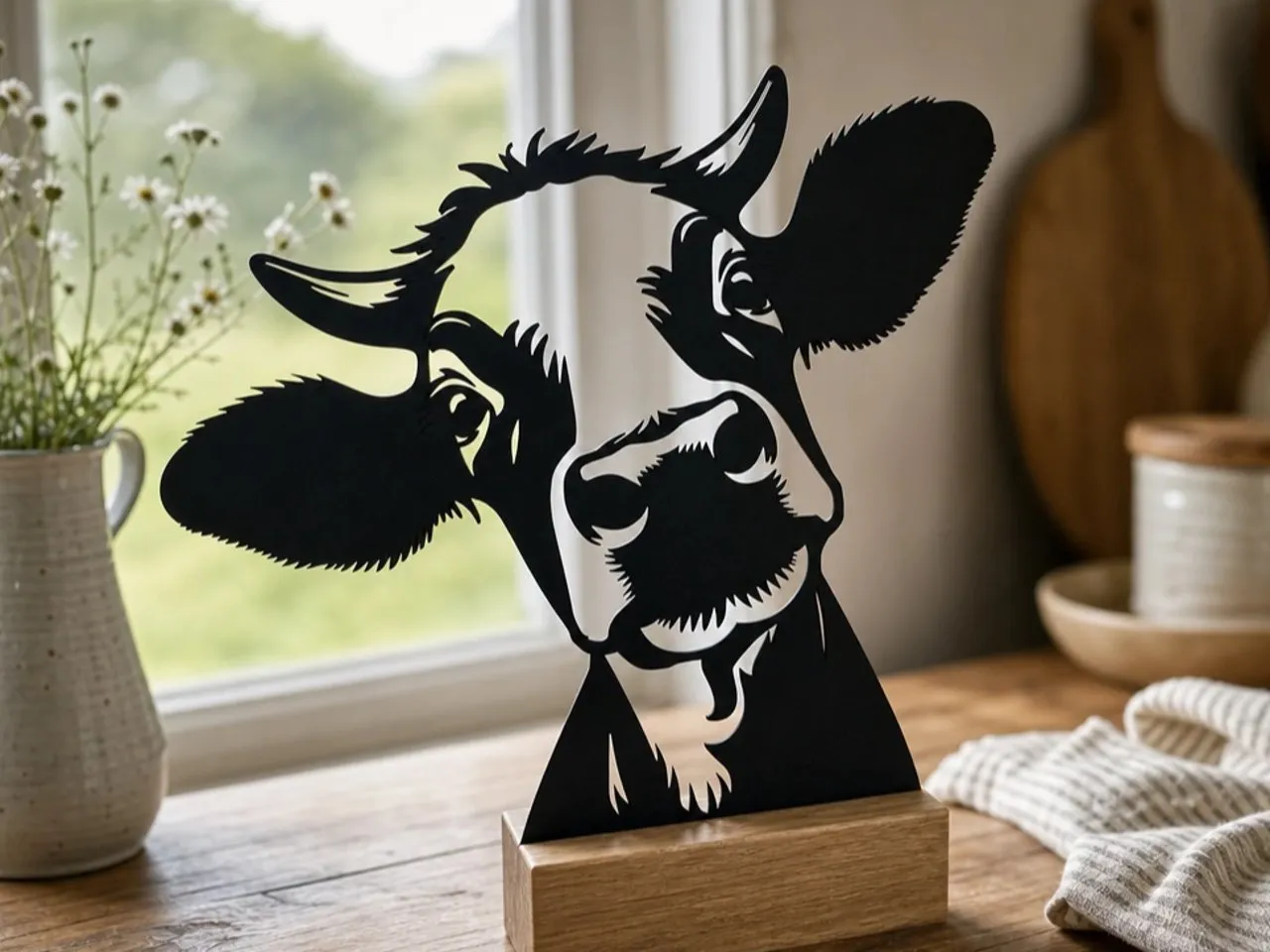 [Laser cut and engrave] Silhouette de tête de vache sur socle en bois