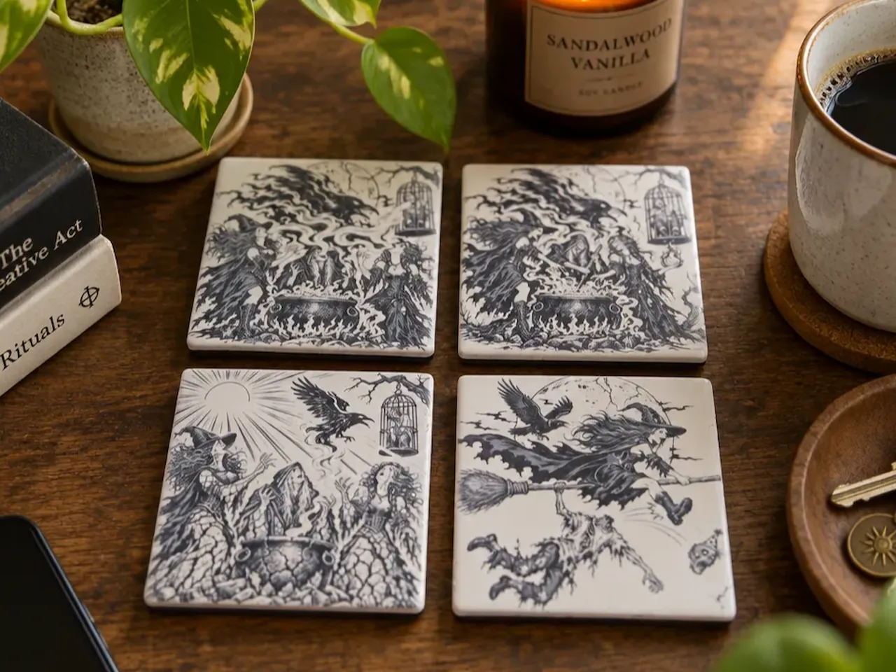 [Laser cut and engrave] Square Ceramic Coasters Featuring Witch and Occult Illustrations