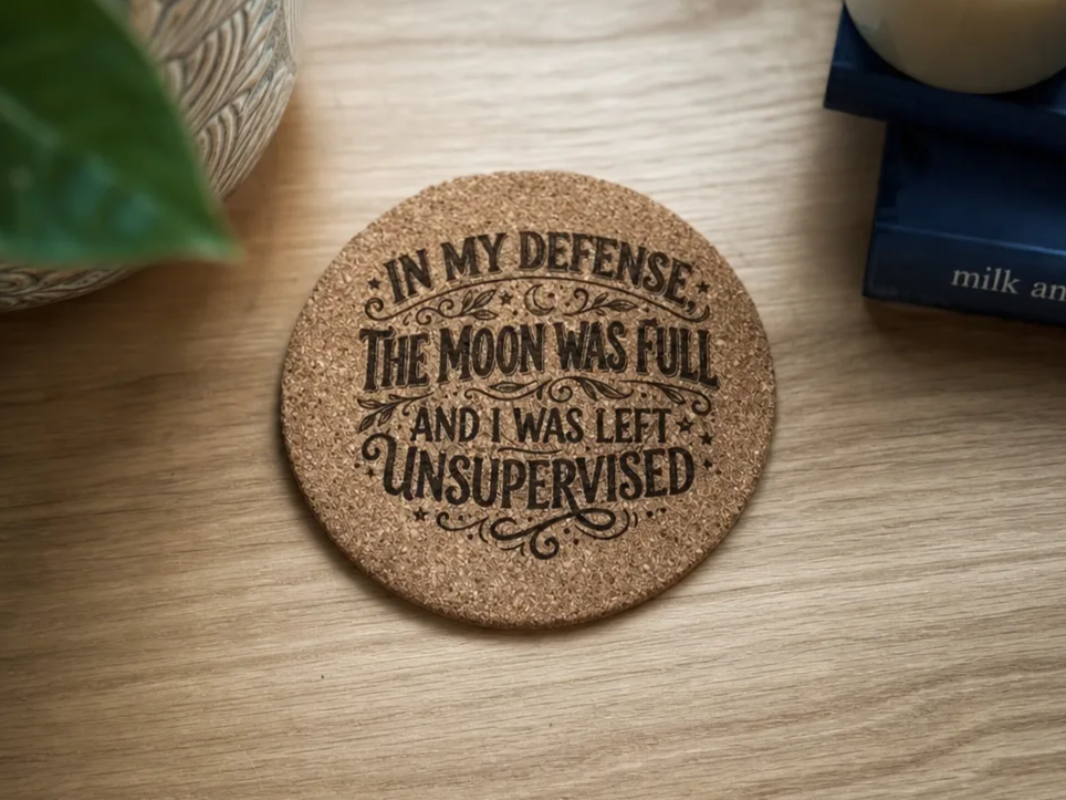 Cork Coaster with In My Defense The Moon Was Full Quote