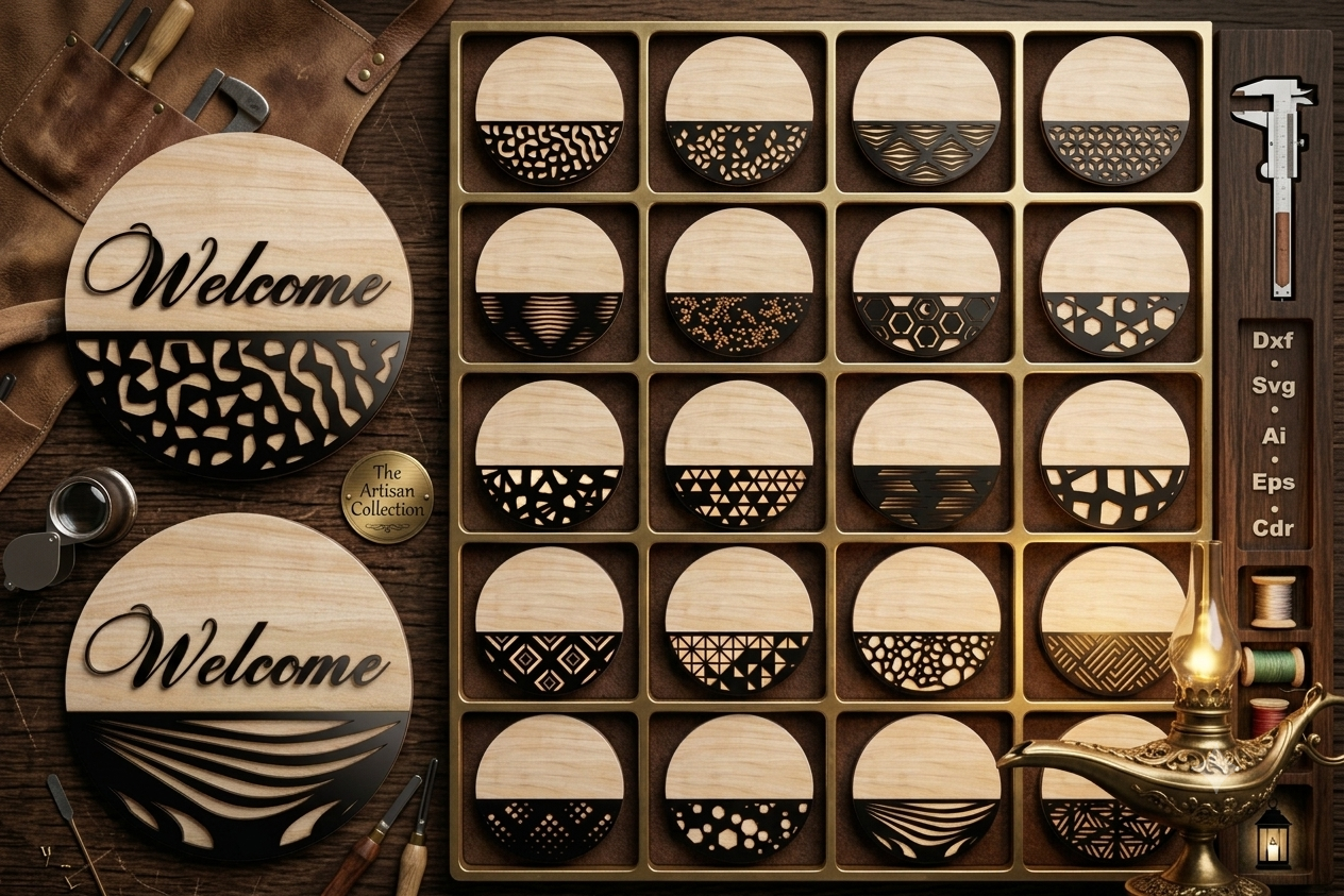 [Laser cut and engrave] Ensemble de sous-verres circulaires en bois avec motifs géométriques et inscription Welcome