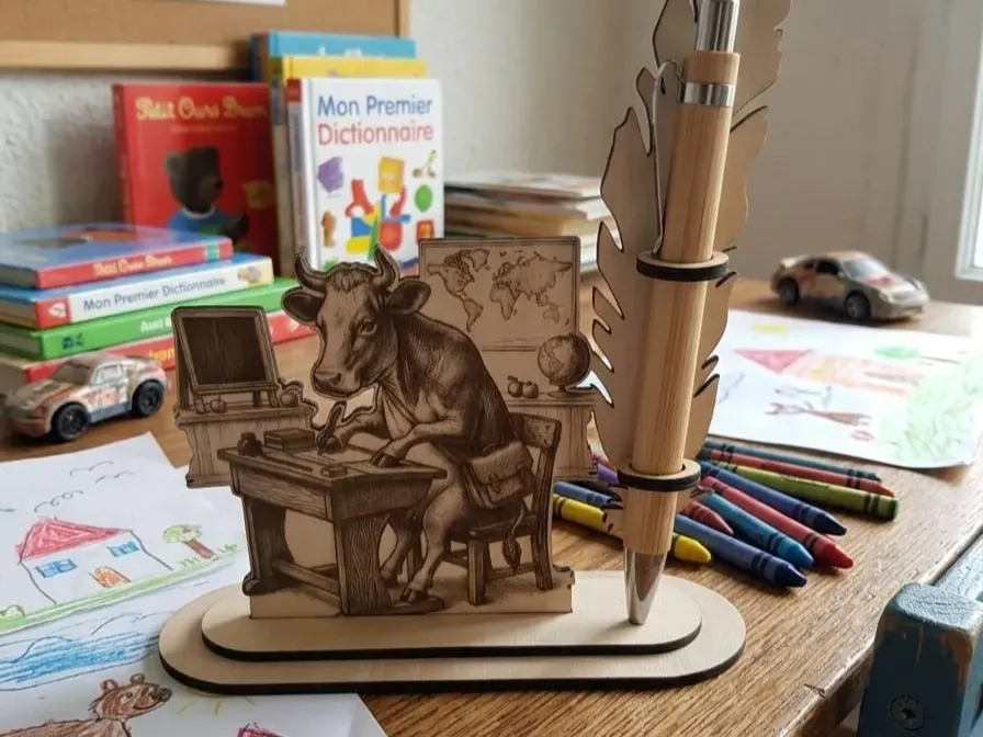 上學小牛插畫桌上筆筒