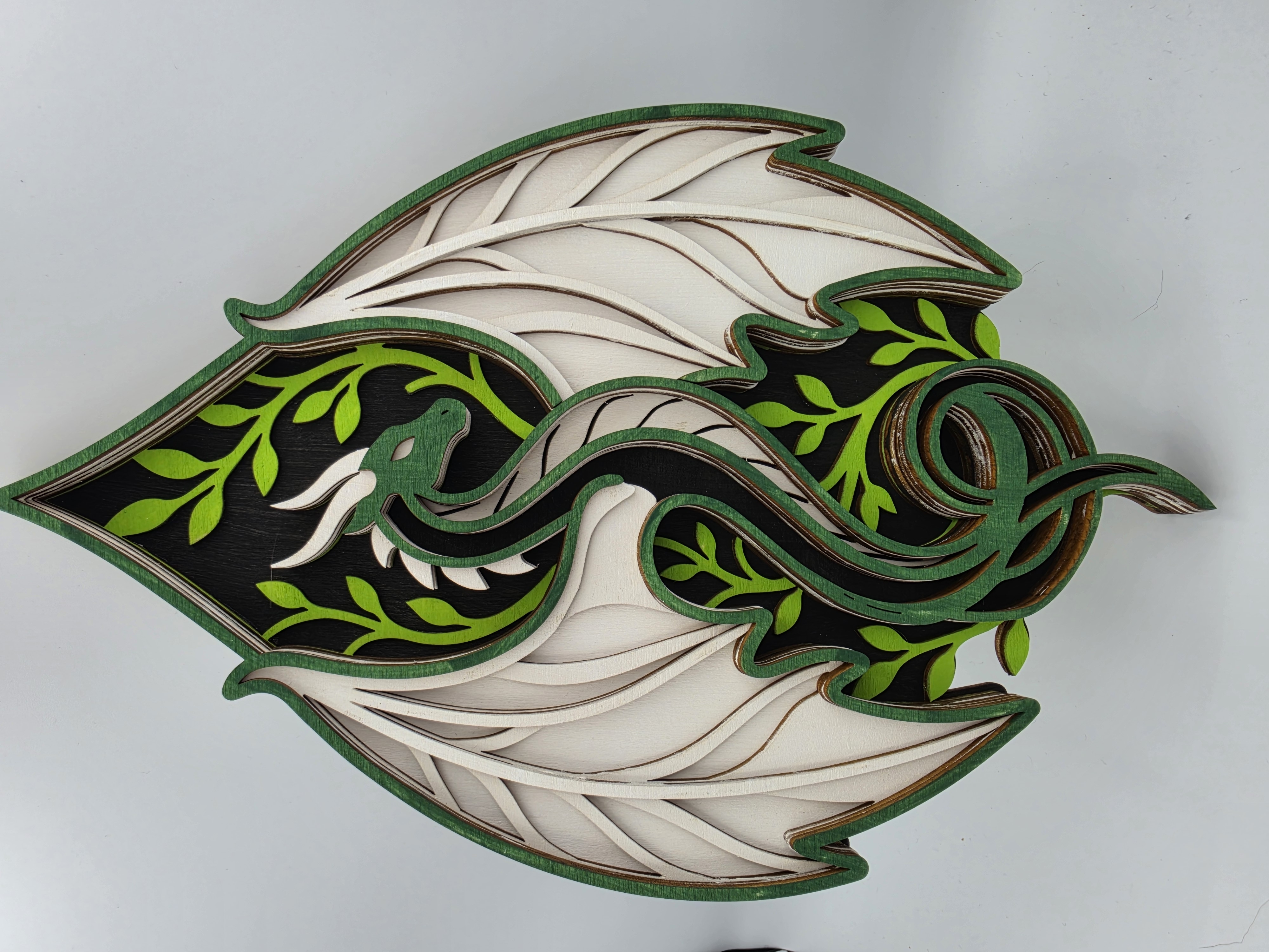 [Laser cut and engrave] Layered Green and White Dragon Wall Art with Leaf Motif