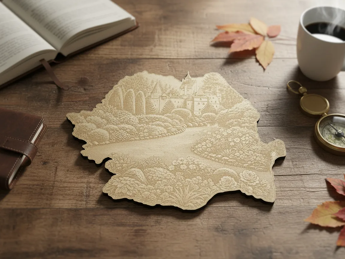 Wooden Map of Romania with Castle and Garden Illustration