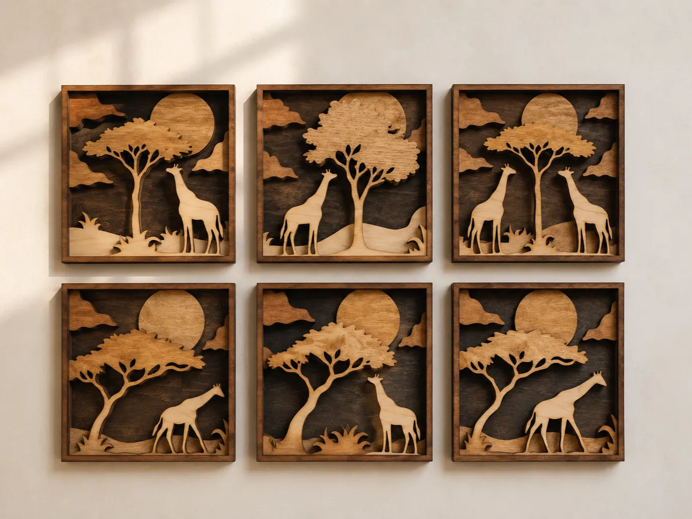 Layered Wooden Safari Giraffe Wall Art Set