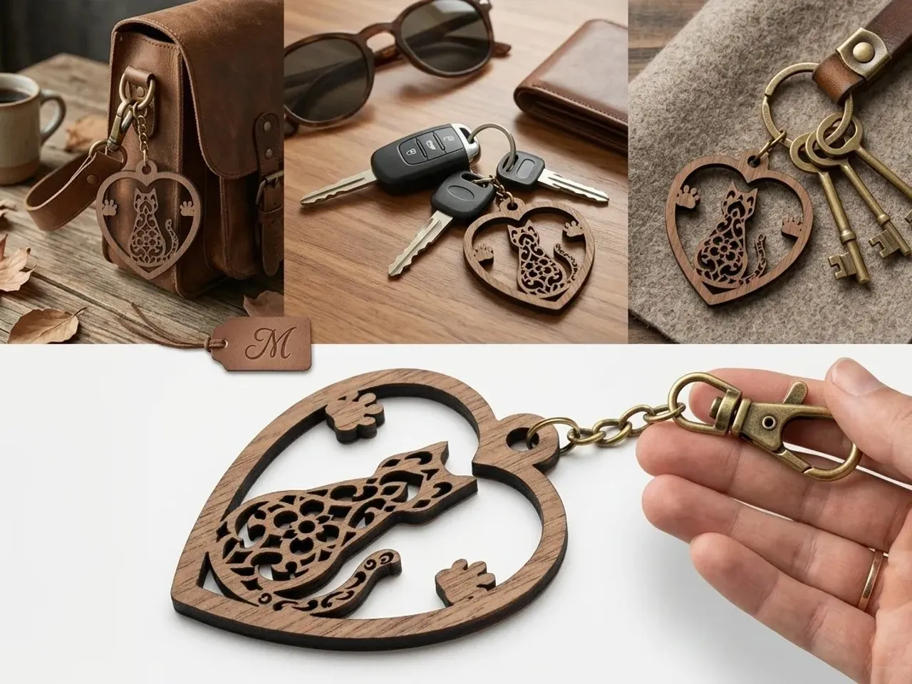 [Laser cut and engrave] Heart Shaped Cat Keychain with Intricate Filigree Pattern