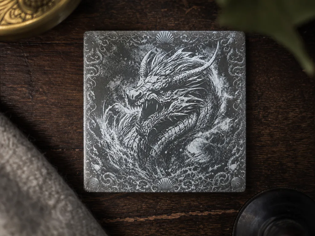Square Stone Coaster Featuring Detailed Sea Serpent  Illustration