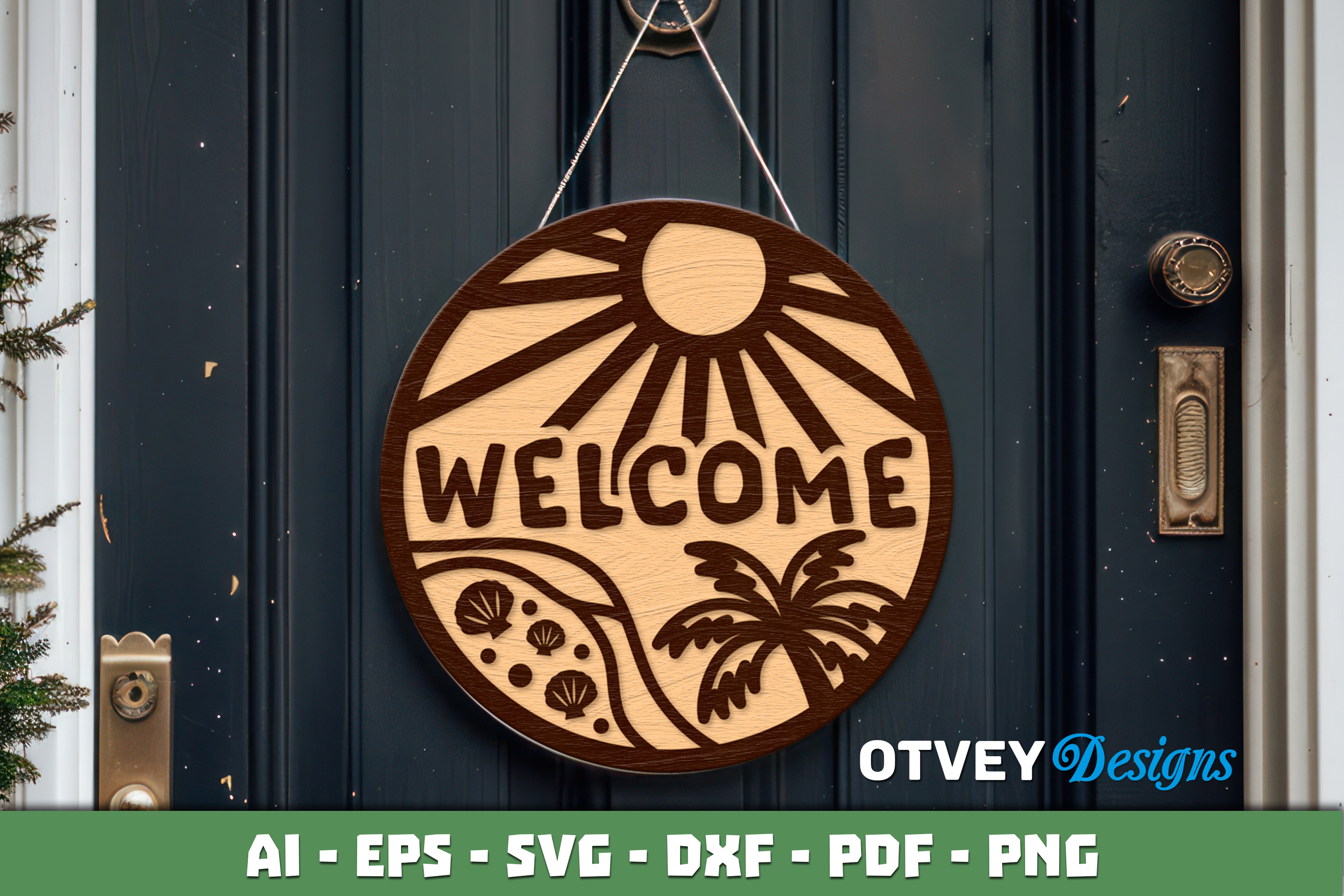 [Laser cut and engrave] Round Tropical Beach Welcome Sign with Palm Tree and Sun Motif