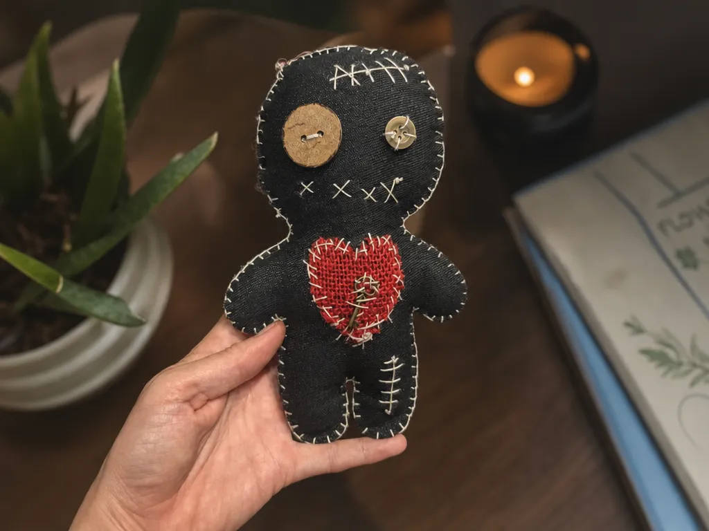 Black fabric voodoo doll with red heart and button eyes
