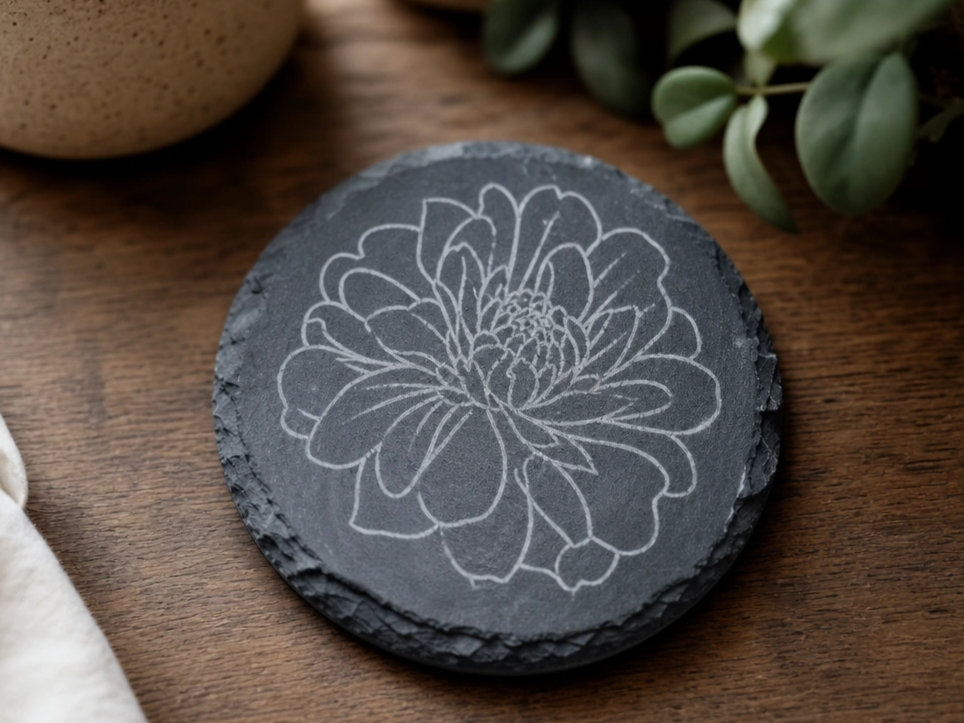 Round Slate Coaster Featuring a Detailed Floral Dahlia Illustration