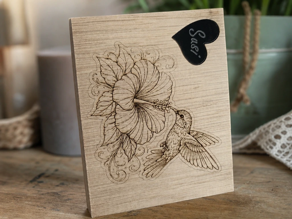 Kolibri mit Hibiskusblüte und Herz aus Acryl