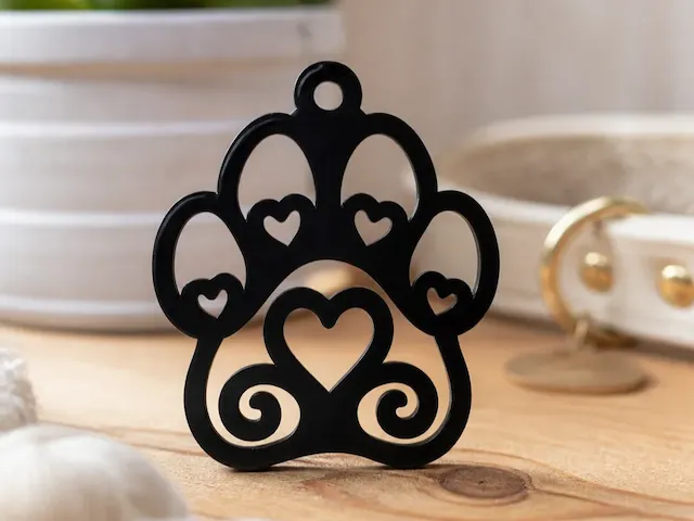 Black Paw Print Pet Tag with Heart Cutouts