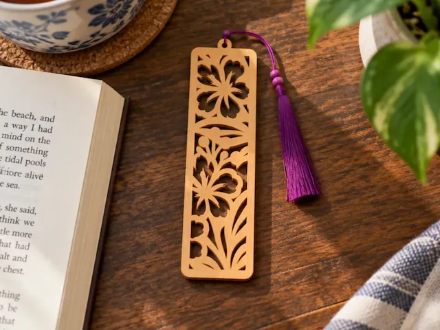 Floral Pattern Wooden Bookmark with Purple Tassel