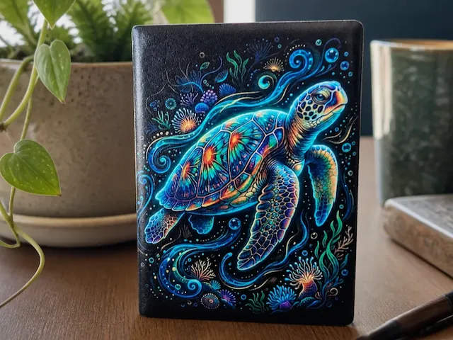 Magnet avec illustration de tortue marine colorée sur fond noir