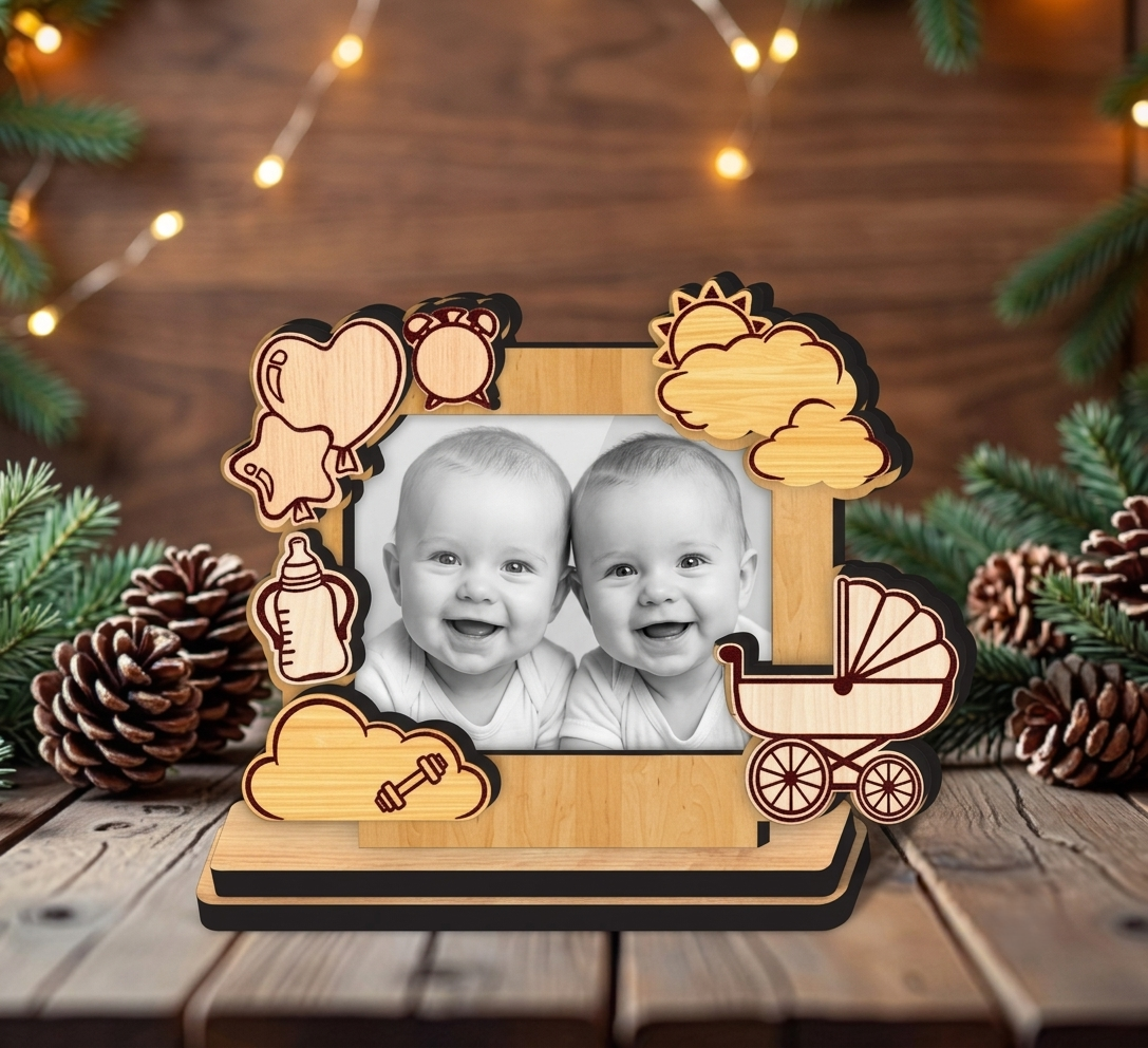 [Laser cut and engrave] Cadre photo en bois avec motifs de bébé pour nouveau-né
