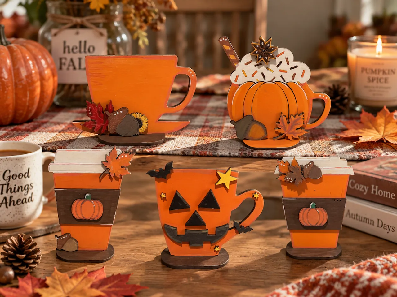[Laser cut and engrave] Autumn Themed Pumpkin and Coffee Cup Tiered Tray Tabletop Signs