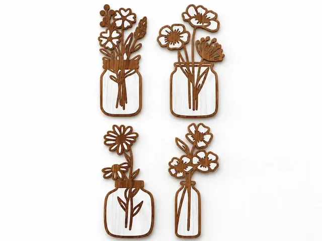 Set of Four Wooden Flower Bouquet Wall Art Pieces in Mason Jars
