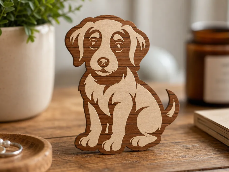 Wooden Sitting Puppy Figurine Tabletop Decor