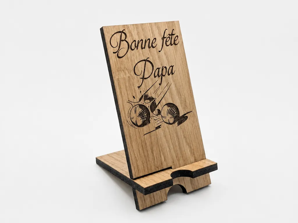 Support de téléphone en bois avec motif pétanque pour fête des pères
