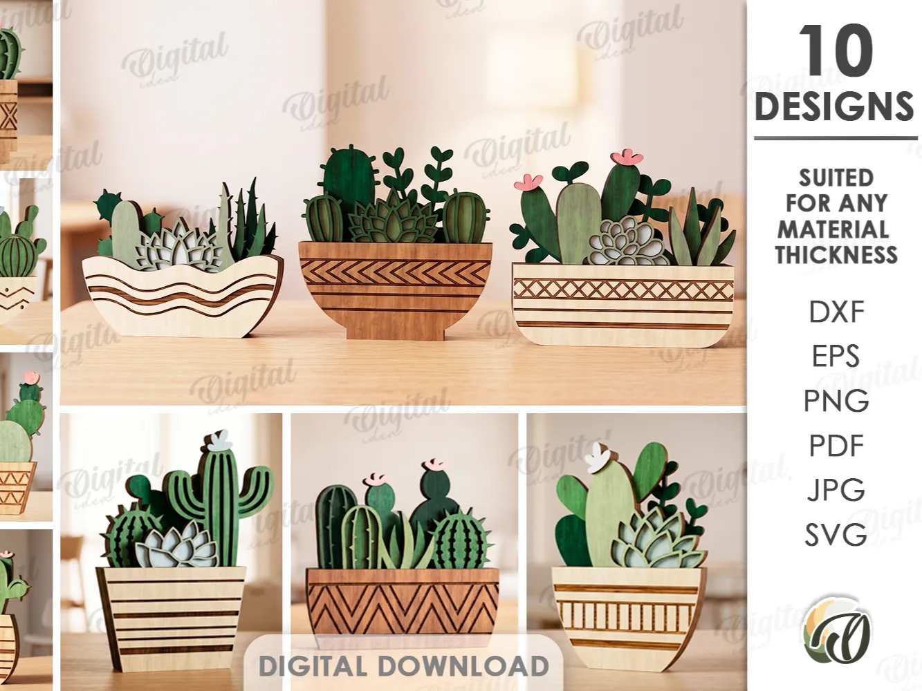 3D Succulent and Cactus Decors Bundle. Layered Wooden Plant Decor Laser Cut Files. Boho Shelf Decor SVG. Floral. Home Decoration
