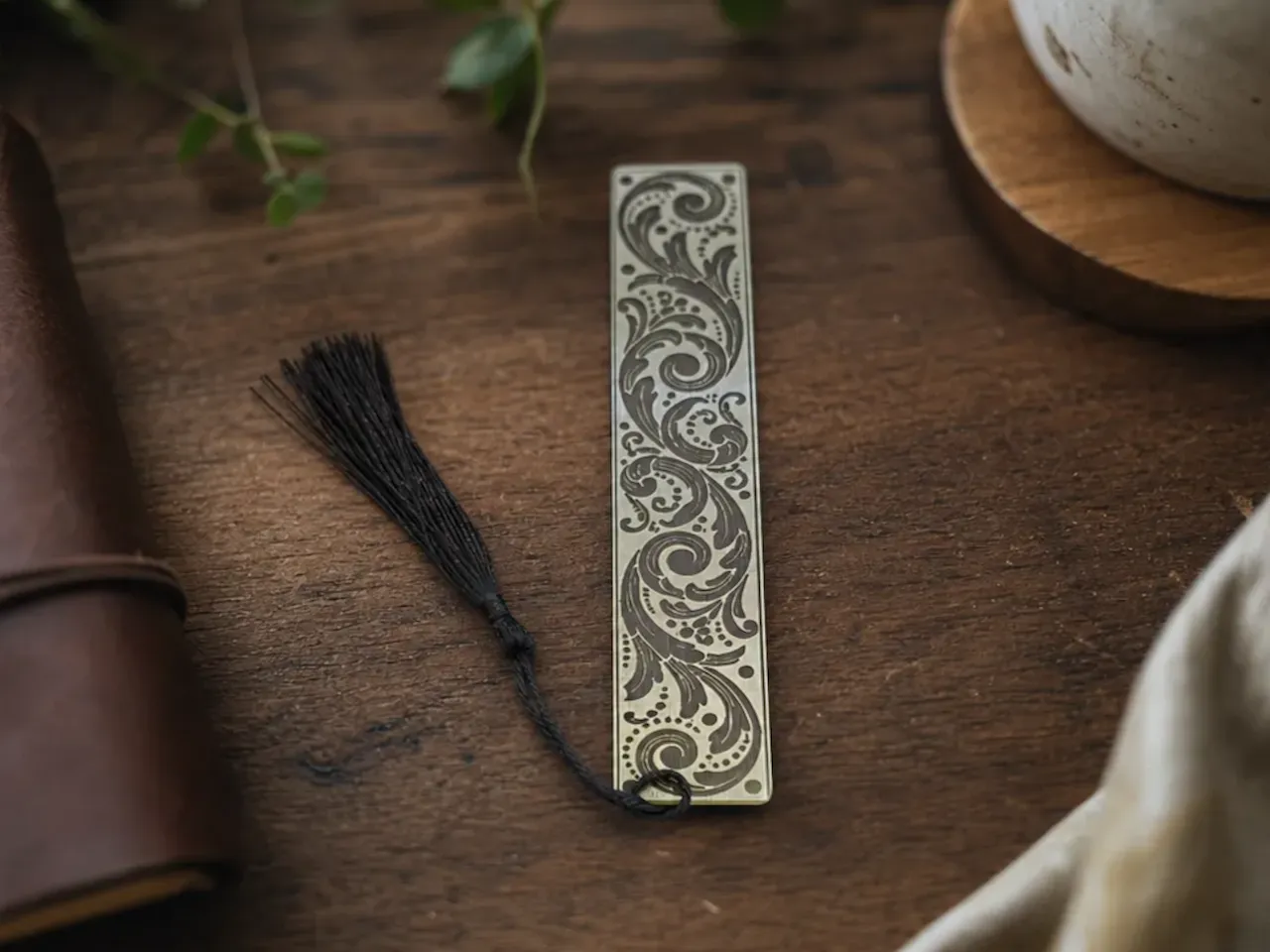[Laser cut and engrave] Metal Bookmark with Ornate Floral Scrollwork and Black Tassel