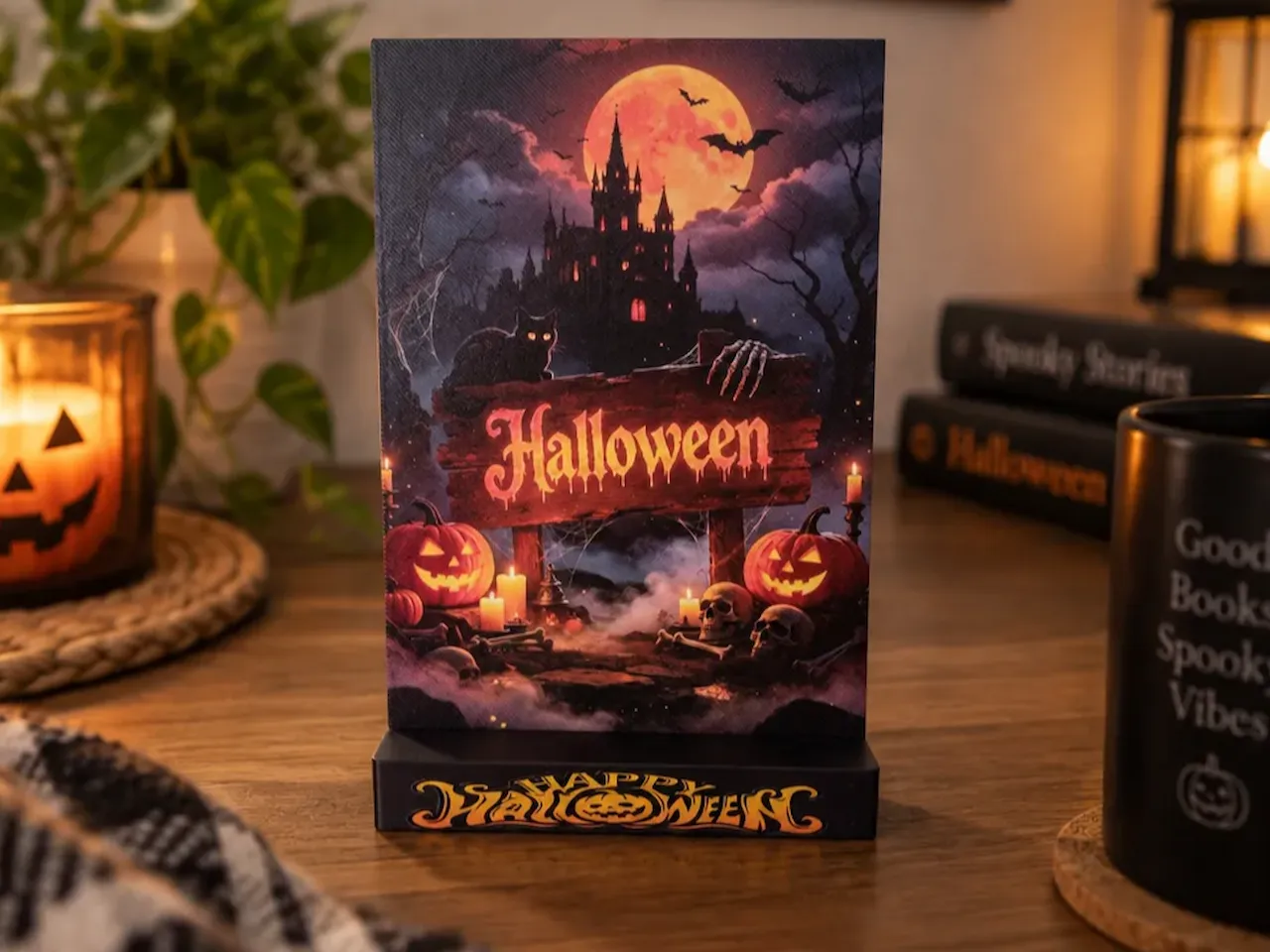 [Inkjet printing] Panneau lumineux de table avec illustration de château hanté pour Halloween