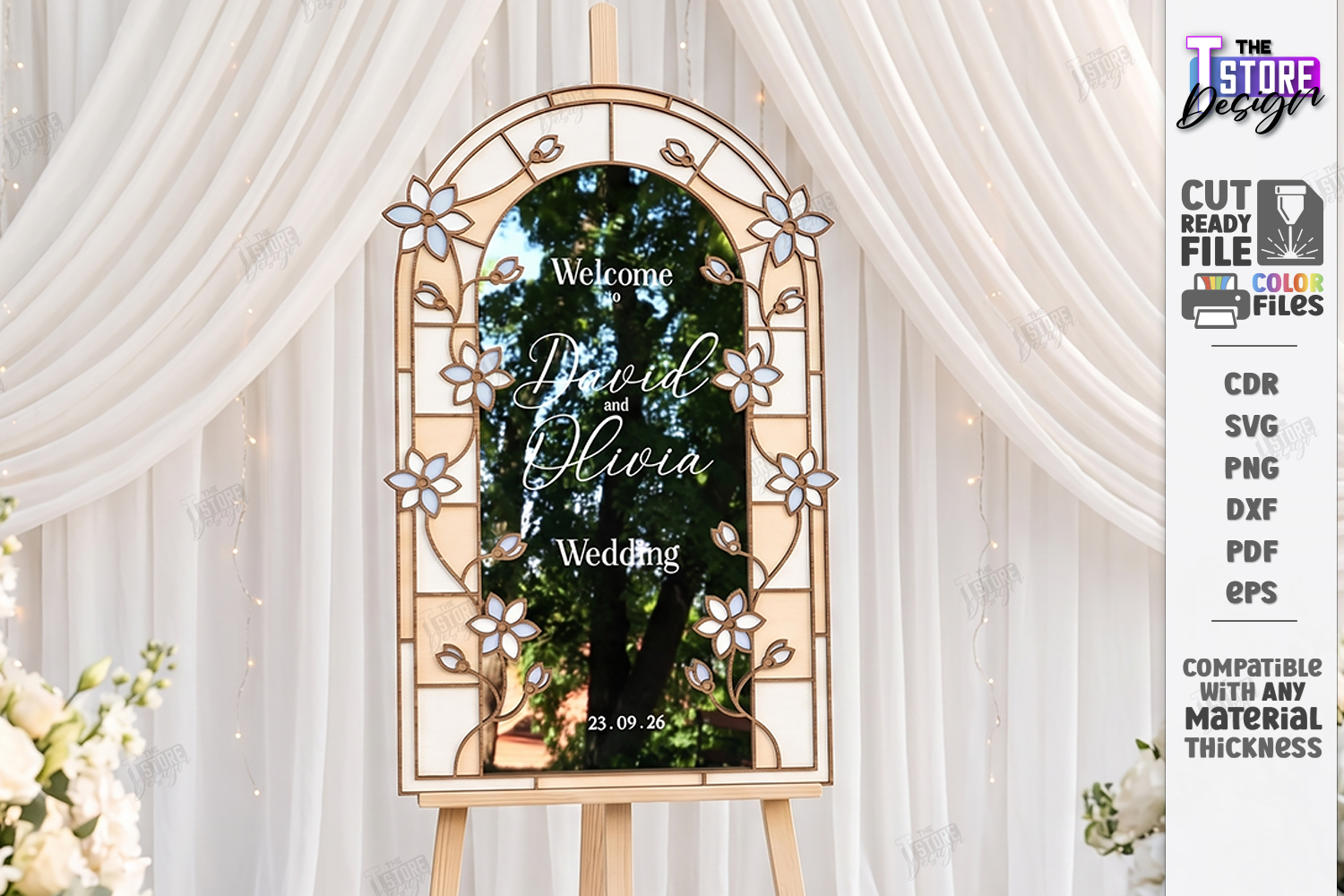 [Laser cut and engrave] Arched Floral Wedding Welcome Sign with Stained Glass Style Frame laser Cut Bundle. Floral Design. Weding Day
