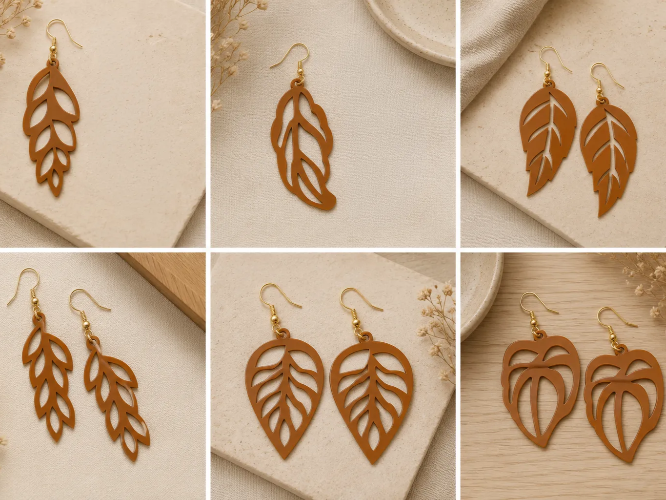 Set of 6 Leaf Shape Dangle Earrings Bundle