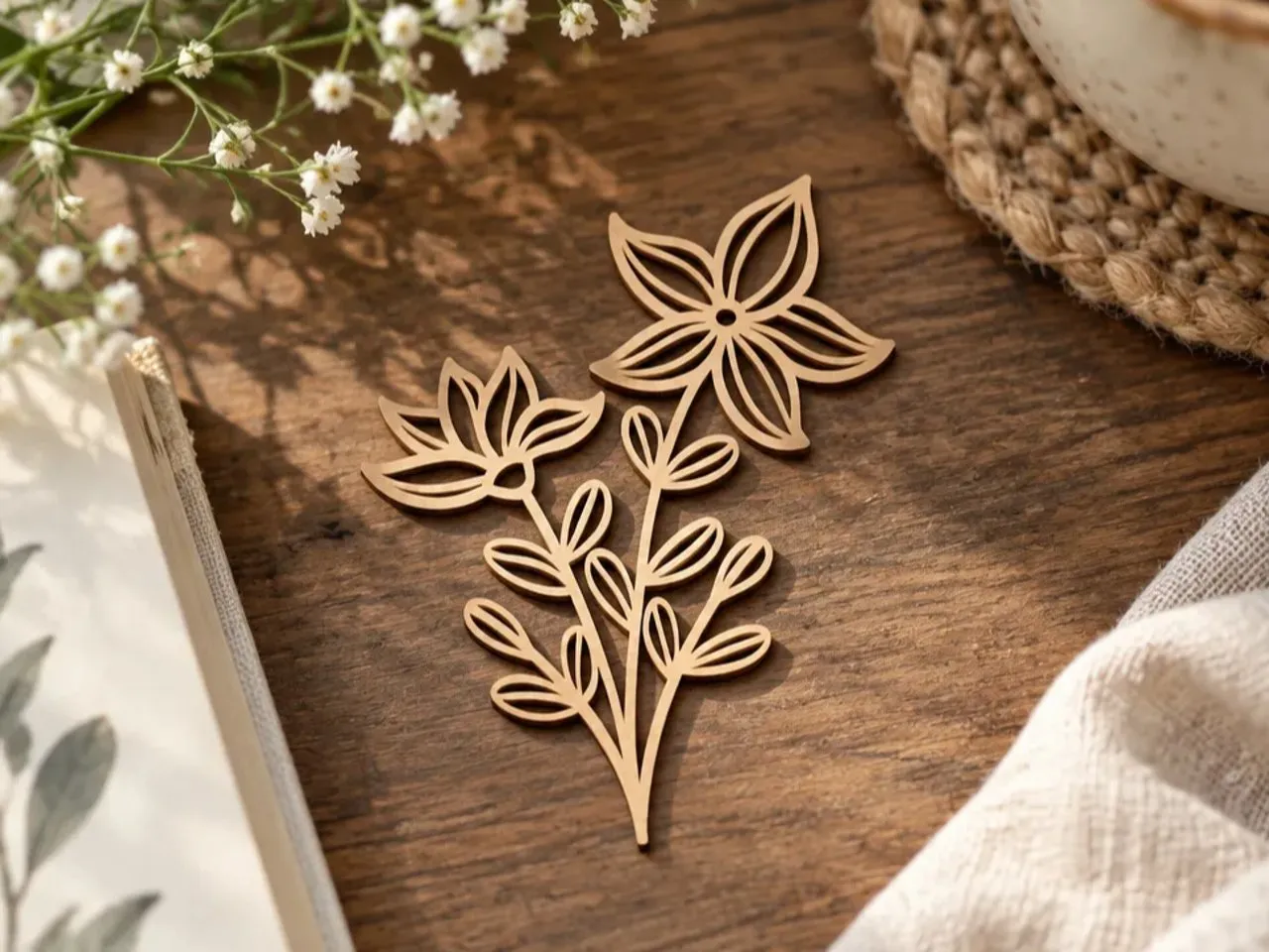 [Laser cut and engrave] Floral Silhouette Cutout with Two Stylized Flowers and Leaves
