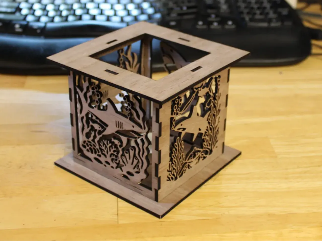 [Laser cut and engrave] Wooden Shark Themed Tea Light Candle Holder