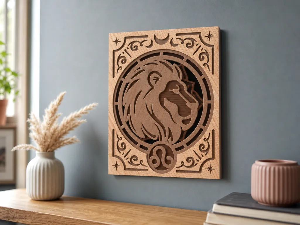 Leo Zodiac Sign Wooden Wall Art with Lion Motif
