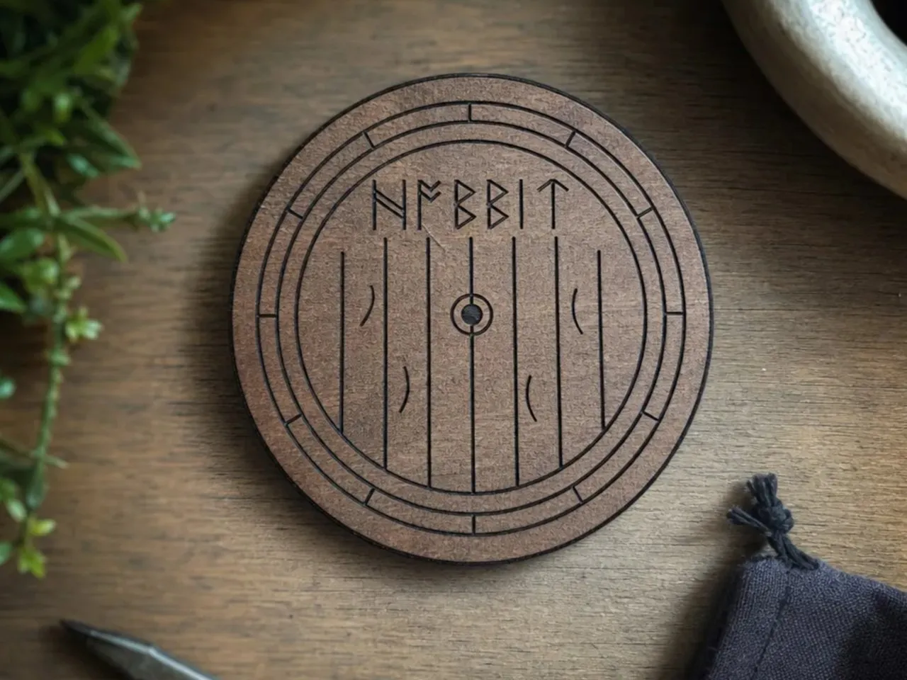 [Laser cut and engrave] Round Hobbit Hole Door Wooden Coaster with Runes