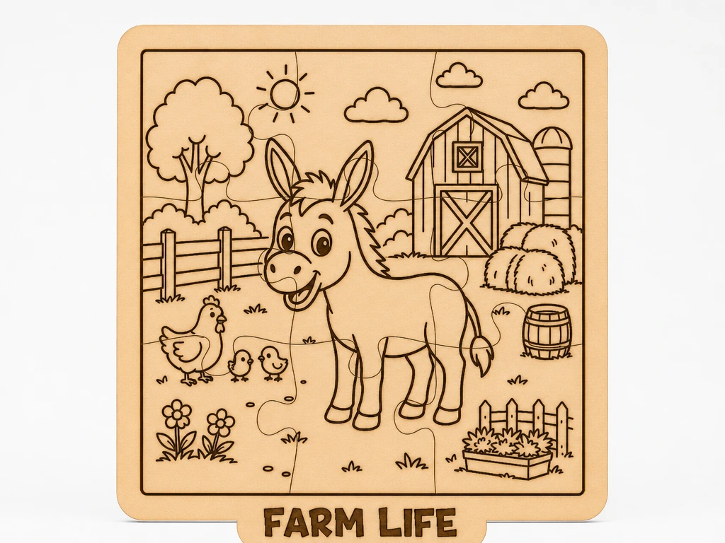 Friendly Donkey Wooden Puzzle | Farm Life SVG Laser File | Kids Coloring Puzzle | Preschool Learning Activity | Handmade Gift Design